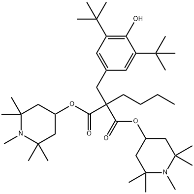 2-[[3,5-ビス(1,1-ジメチルエチル)-4-ヒドロキシフェニル]メチル]-2-ブチルプロパン二酸ビス[1,2,2,6,6-ペンタメチル-4-ピペリジニル] 化学構造式