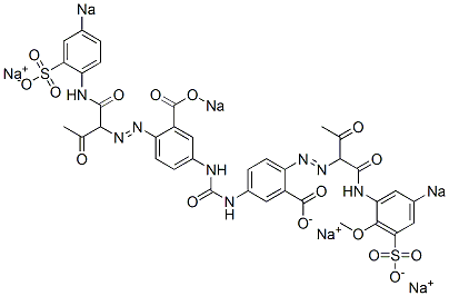 2-[[2-Oxo-1-[(2-methoxy-5-sodiosulfophenyl)aminocarbonyl]propyl]azo]-5-[N'-[3-sodiooxycarbonyl-4-[[2-oxo-1-[(4-sodiosulfophenyl)aminocarbonyl]propyl]azo]phenyl]ureido]benzoic acid sodium salt Struktur
