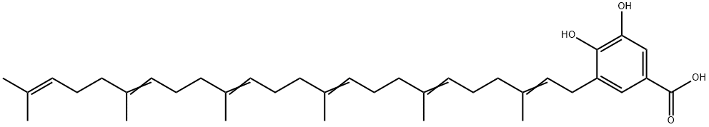 3-(3,7,11,15,19,23-hexamethyltetracosa-2,6,10,14,18,22-hexaenyl)-4,5-dihydroxy-benzoic acid Struktur