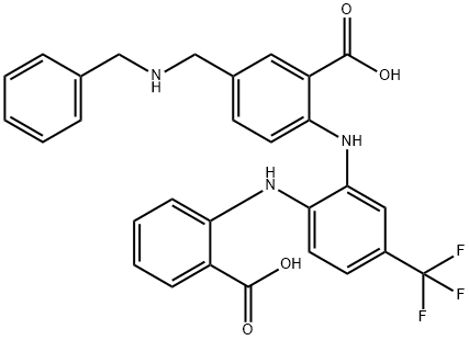 Benzoic  acid,  2-[[2-[(2-carboxyphenyl)amino]-5-(trifluoromethyl)phenyl]amino]-5-[[(phenylmethyl)amino]methyl]- Structure