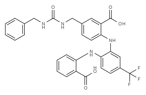 Benzoic  acid,  2-[[2-[(2-carboxyphenyl)amino]-5-(trifluoromethyl)phenyl]amino]-5-[[[[(phenylmethyl)amino]carbonyl]amino]methyl]- Structure