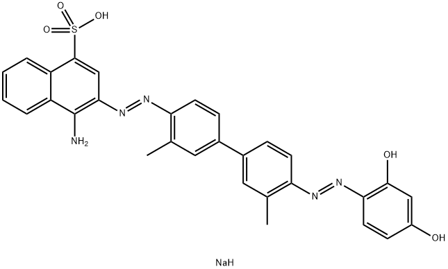 4-アミノ-3-[[4'-[(2,4-ジヒドロキシフェニル)アゾ]-3,3'-ジメチル-1,1'-ビフェニル-4-イル]アゾ]-1-ナフタレンスルホン酸ナトリウム 化学構造式