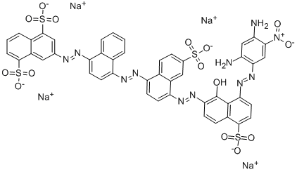 3-[[4-[[4-[[8-[(2,4-ジアミノ-5-ニトロフェニル)アゾ]-1-ヒドロキシ-5-ソジオスルホ-2-ナフタレニル]アゾ]-6-ソジオスルホ-1-ナフタレニル]アゾ]-1-ナフタレニル]アゾ]ナフタレン-1,5-ジスルホン酸二ナトリウム 化学構造式