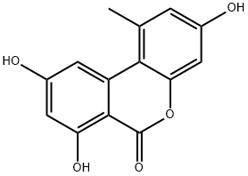 3,7,9-トリヒドロキシ-1-メチル-6H-ジベンゾ[b,d]ピラン-6-オン 化学構造式