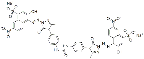 4,4'-[カルボニルビス[イミノ-4,1-フェニレン(4,5-ジヒドロ-3-メチル-5-オキソ-1H-ピラゾール-1,4-ジイル)アゾ]]ビス[3-ヒドロキシ-7-ニトロ-1-ナフタレンスルホン酸]二ナトリウム 化学構造式