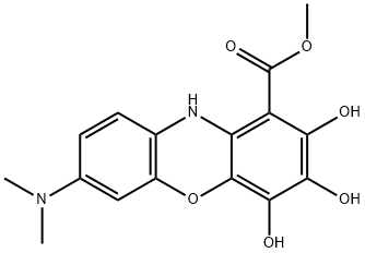 7-(ジメチルアミノ)-2,3,4-トリヒドロキシ-10H-フェノキサジン-1-カルボン酸メチル 化学構造式