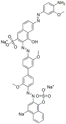 6-[(4-アミノ-3-メトキシフェニル)アゾ]-4-ヒドロキシ-3-[[4'-[(1-ヒドロキシ-4-ソジオスルホ-2-ナフタレニル)アゾ]-3,3'-ジメトキシ[1,1'-ビフェニル]-4-イル]アゾ]ナフタレン-2-スルホン酸ナトリウム 化学構造式