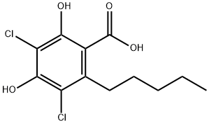 3,5-ジクロロ-2,4-ジヒドロキシ-6-ペンチル安息香酸 化学構造式