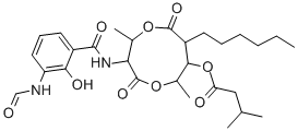3-メチルブタン酸3-[[3-(ホルミルアミノ)-2-ヒドロキシベンゾイル]アミノ]-8-ヘキシル-2,6-ジメチル-4,9-ジオキソ-1,5-ジオキソナン-7-イル 化学構造式