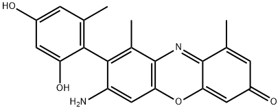 7-アミノ-2,8-ビス(2,4-ジヒドロキシ-6-メチルフェニル)-3H-フェノキサジン-3-オン 化学構造式