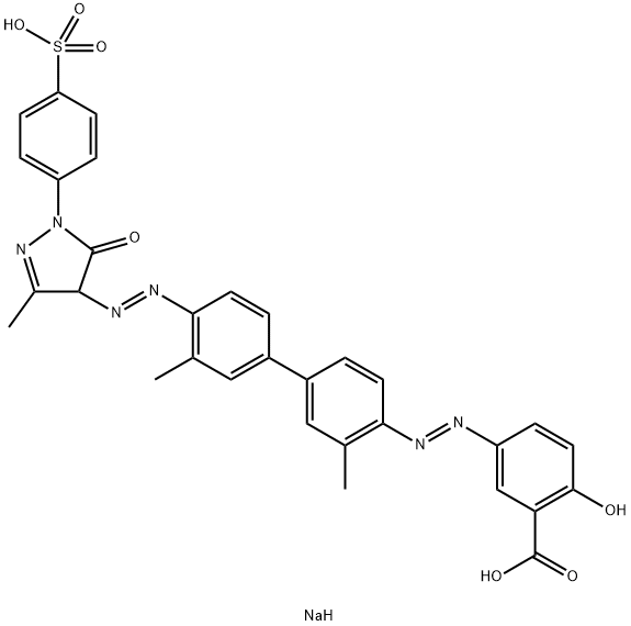 5-[[4'-[[4,5-ジヒドロ-3-メチル-5-オキソ-1-(4-スルホフェニル)-1H-ピラゾール-4-イル]アゾ]-3,3'-ジメチル-1,1'-ビフェニル-4-イル]アゾ]-2-ヒドロキシ安息香酸二ナトリウム 化学構造式