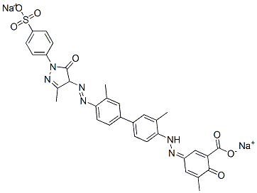 disodium (3Z)-5-methyl-3-[[2-methyl-4-[3-methyl-4-[[3-methyl-5-oxo-1-(4-sulfonatophenyl)-4H-pyrazol-4-yl]diazenyl]phenyl]phenyl]hydrazinylidene]-6-oxo-cyclohexa-1,4-diene-1-carboxylate Struktur