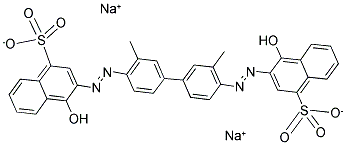 4-ヒドロキシ-3-[4'-(1-ヒドロキシ-5-スルホ-2-ナフタレニル)アゾ-3,3'-ジメチル-1,1'-ビフェニル-4-イル]アゾ-1-ナフタレンスルホン酸ジナトリウム 化学構造式