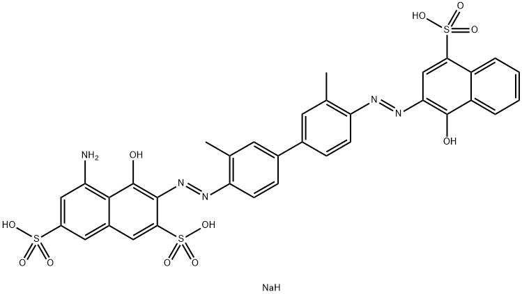 5-アミノ-4-ヒドロキシ-3-[[4'-[(1-ヒドロキシ-4-スルホナフタレン-2-イル)アゾ]-3,3'-ジメチル[1,1'-ビフェニル]-4-イル]アゾ]-2,7-ナフタレンジスルホン酸トリナトリウム 化学構造式