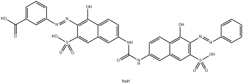 trisodium 3-[[1-hydroxy-6-[[[[5-hydroxy-6-(phenylazo)-7-sulphonato-2-naphthyl]amino]carbonyl]amino]-3-sulphonato-2-naphthyl]azo]benzoate Struktur