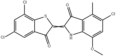 5-クロロ-2-(5,7-ジクロロ-3-オキソベンゾ[b]チオフェン-2(3H)-イリデン)-7-メトキシ-4-メチル-1H-インドール-3(2H)-オン 化学構造式