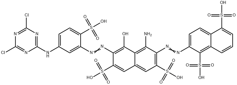 2-[[1-アミノ-7-[[5-[(4,6-ジクロロ-1,3,5-トリアジン-2-イル)アミノ]-2-スルホフェニル]アゾ]-8-ヒドロキシ-3,6-ジスルホ-2-ナフタレニル]アゾ]-1,5-ナフタレンジスルホン酸 化学構造式