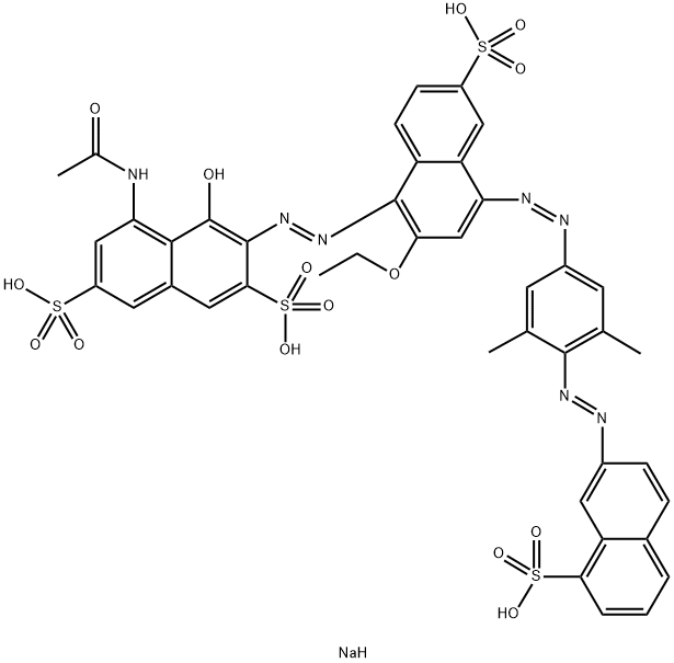 8'-アセチルアミノ-2-エトキシ-1'-ヒドロキシ-4-[[3,5-ジメチル-4-[(8-ソジオスルホ-2-ナフタレニル)アゾ]フェニル]アゾ][1,2'-アゾビスナフタレン]-3',6,6'-トリスルホン酸三ナトリウム 化学構造式