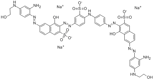 2-Naphthalenesulfonic acid, 6-[[2-amino-4-[(2-hydroxyethyl)amino]phenyl]azo]-3-[[4-[[4-[[7-[[2-amino-4-[(2-hydroxyethyl)amino]phenyl]azo]-1-hydroxy-3-sulfo-2-naphthalenyl]azo]phenyl]amino]-3-sulfophenyl]azo]-4-hydroxy-, trisodium salt Structure