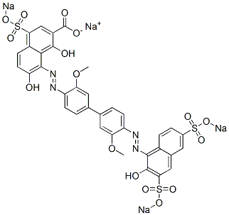 1,7-Dihydroxy-8-[[4'-[[2-hydroxy-3,6-bis(sodiosulfo)-1-naphthalenyl]azo]-3,3'-dimethoxy-1,1'-biphenyl-4-yl]azo]-4-(sodiosulfo)naphthalene-2-carboxylic acid sodium salt 结构式
