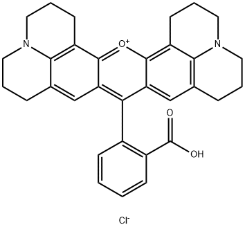 9-(2-カルボキシフェニル)-2,3,6,7,12,13,16,17-オクタヒドロ-1H,5H,11H,15H-キサンテノ[2,3,4-ij:5,6,7-i'j']ジキノリジン-18-イウム·クロリド 化学構造式