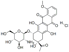 5,12-Naphthacenedione, 8-acetyl-10-((2-amino-2-deoxy-beta-D-glucopyran osyl)oxy)-7,8,9,10-tetrahydro-6,8,11-trihydroxy -1-methoxy-, hydrochlo ride, (8S-cis)-,64397-29-1,结构式
