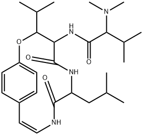 2-(Dimethylamino)-3-methyl-N-[3-(1-methylethyl)-7-(2-methylpropyl)-5,8-dioxo-2-oxa-6,9-diazabicyclo[10.2.2]hexadeca-10,12,14(1),15-tetren-4-yl]butanamide Struktur