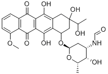 5,12-Naphthacenedione, 7,8,9,10-tetrahydro-6,8,11-trihydroxy-8-(1-hydr oxyethyl)-1-methoxy-10-((2,3,6-trideoxy-3-(formylamino)-alpha-L-lyxo-h exopyranosyl)oxy)- Struktur