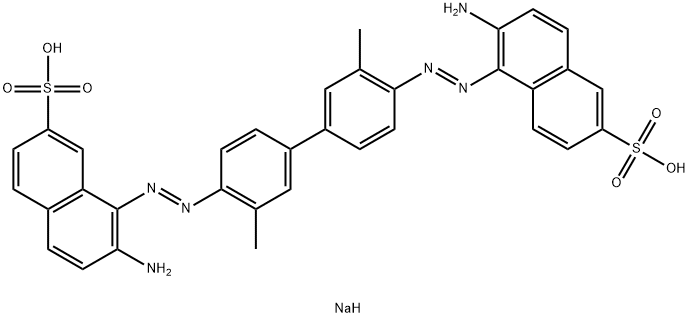 6-アミノ-5-[[4'-[(2-アミノ-7-スルホ-1-ナフチル)アゾ]-3,3'-ジメチル-1,1'-ビフェニル-4-イル]アゾ]-2-ナフタレンスルホン酸二ナトリウム 化学構造式