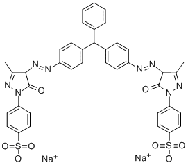 4,4'-[(フェニルメチレン)ビス[4,1-フェニレンアゾ(4,5-ジヒドロ-3-メチル-5-オキソ-1H-ピラゾール-4,1-ジイル)]]ビス[ベンゼンスルホン酸]二ナトリウム 化学構造式