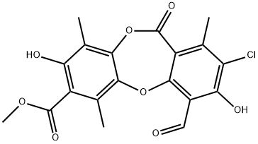 2-Chloro-4-formyl-3,8-dihydroxy-1,6,9-trimethyl-11-oxo-11H-dibenzo[b,e][1,4]dioxepin-7-carboxylic acid methyl ester Struktur