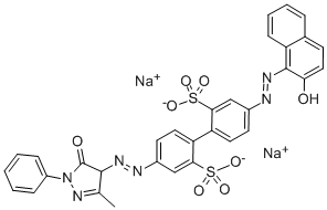 4-[(4,5-ジヒドロ-3-メチル-5-オキソ-1-フェニル-1H-ピラゾール-4-イル)アゾ]-4'-[(2-ヒドロキシ-1-ナフチル)アゾ]-1,1'-ビフェニル-2,2'-ジスルホン酸二ナトリウム 化学構造式