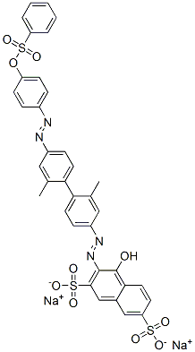 disodium 3-[[2,2'-dimethyl-4'-[[4-[(phenylsulphonyl)oxy]phenyl]azo][1,1'-biphenyl]-4-yl]azo]-4-hydroxynaphthalene-2,7-disulphonate Struktur
