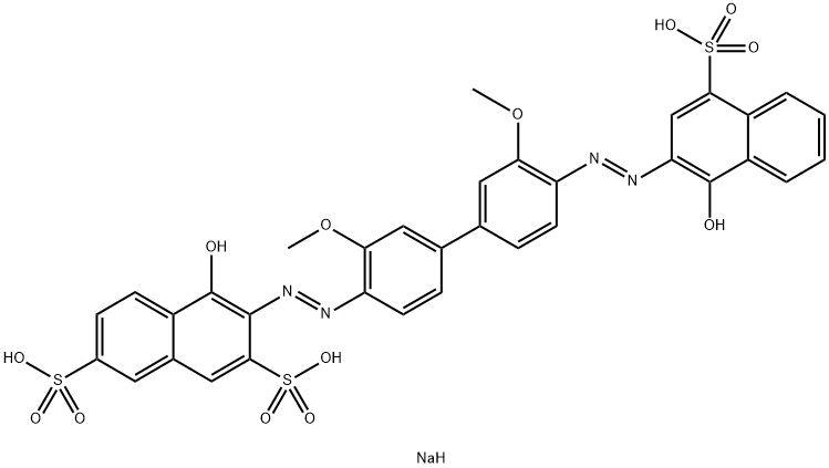 trisodium 4-hydroxy-3-[[4'-[(1-hydroxy-4-sulphonato-2-naphthyl)azo]-3,3'-dimethoxy[1,1'-biphenyl]-4-yl]azo]naphthalene-2,7-disulphonate Structure