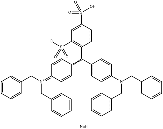 N-ベンジル-N-[4-[[4-(ジベンジルアミノ)フェニル](2-スルホナト-4-ソジオスルホフェニル)メチレン]-2,5-シクロヘキサジエン-1-イリデン]ベンゼンメタンアミニウム 化学構造式