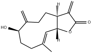 (3aS,10E)-3,6-ジメチレン-7α-ヒドロキシ-10-メチル-2,3,3aβ,4,5,6,7,8,9,11aα-デカヒドロシクロデカ[b]フラン-2-オン 化学構造式