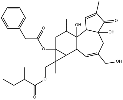 Benzeneacetic acid 1,1a,1b,4,4a,5,7a,7b,8,9-decahydro-4a,7b-dihydroxy-3-(hydroxymethyl)-1,6,8-trimethyl-1-[(2-methyl-1-oxobutoxy)methyl]-5-oxo-9aH-cyclopropa[3,4]benz[1,2-e]azulen-9a-yl ester Struktur