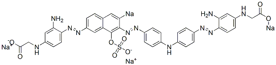 N-[3-アミノ-4-[[7-[[4-[[4-[[2-アミノ-4-[(ソジオオキシカルボニルメチル)アミノ]フェニル]アゾ]フェニル]アミノ]フェニル]アゾ]-8-ヒドロキシ-6-ソジオスルホ-2-ナフタレニル]アゾ]フェニル]グリシンナトリウム 化学構造式