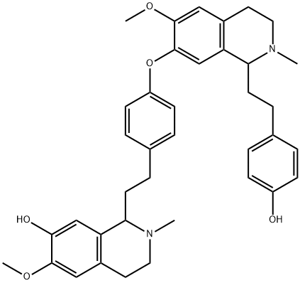 1,2,3,4-テトラヒドロ-6-メトキシ-2-メチル-1-[2-[4-[[1,2,3,4-テトラヒドロ-1-[2-(4-ヒドロキシフェニル)エチル]-6-メトキシ-2-メチルイソキノリン-7-イル]オキシ]フェニル]エチル]イソキノリン-7-オール 化学構造式