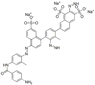 trisodium 7-[4-[4-[4-[(4-aminobenzoyl)amino]-2-methyl-phenyl]diazenyl- 7-sulfonato-naphthalen-1-yl]diazenyl-2-methyl-phenyl]diazenylnaphthale ne-1,3-disulfonate Struktur