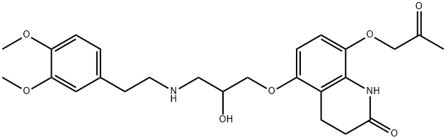 8-アセトニルオキシ-5-[3-(3,4-ジメトキシフェネチルアミノ)-2-ヒドロキシプロポキシ]-3,4-ジヒドロ-2(1H)-キノリノン 化学構造式