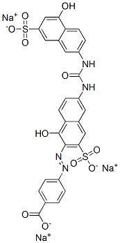 trisodium 4-[[1-hydroxy-6-[[[(5-hydroxy-7-sulphonato-2-naphthyl)amino]carbonyl]amino]-3-sulphonato-2-naphthyl]azo]benzoate Struktur