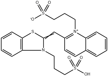 hydrogen 1-(3-sulphonatopropyl)-2-[[3-(3-sulphonatopropyl)benzothiazol-2(3H)-ylidene]methyl]quinolinium Structure