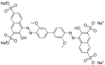 tetrasodium 4,4'-[(3,3'-dimethoxy[1,1'-biphenyl]-4,4'-diyl)bis(azo)]bis[3-hydroxynaphthalene-2,7-disulphonate] Struktur