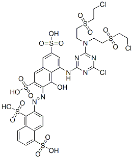 2-[[8-[[4-[bis[2-[(2-chloroethyl)sulphonyl]ethyl]amino]-6-chloro-1,3,5-triazin-2-yl]amino]-1-hydroxy-3,6-disulpho-2-naphthyl]azo]naphthalene-1,5-disulphonic acid Struktur