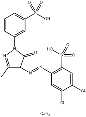 カルシウム＝4，5-ジクロロ-2-［5-ヒドロキシ-3-メチル-1-（3-スルホナトフェニル）-4-ピラゾリルアゾ］ベンゼンスルホナート 化学構造式