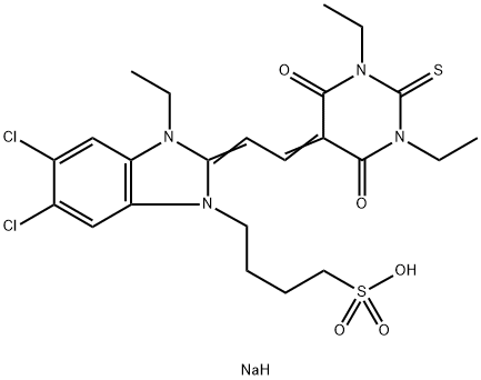 sodium 5,6-dichloro-2-[(1,3-diethyltetrahydro-4,6-dioxo-2-thioxo-(2H)-pyrimidin-5-ylidene)ethylidene]-3-ethyl-2,3-dihydro-1H-benzimidazole-1-butanesulphonate,65294-03-3,结构式