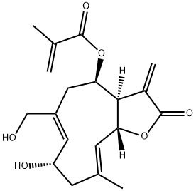 2-Methylpropenoic acid [(3aR,4R,6Z,8S,10E,11aR)-2,3,3a,4,5,8,9,11a-octahydro-8-hydroxy-6-hydroxymethyl-10-methyl-3-methylene-2-oxocyclodeca[b]furan-4-yl] ester,65388-18-3,结构式