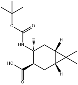 (1α,6α)-3α-(tert-ブトキシカルボニルアミノ)-3,7,7-トリメチルビシクロ[4.1.0]ヘプタン-4α-カルボン酸 化学構造式