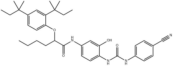 N-[3-ヒドロキシ-4-[3-(4-シアノフェニル)ウレイド]フェニル]-2-(2,4-ジ-tert-ペンチルフェノキシ)ヘキサンアミド 化学構造式